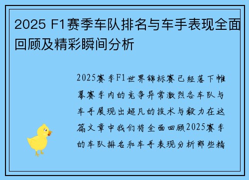 2025 F1赛季车队排名与车手表现全面回顾及精彩瞬间分析